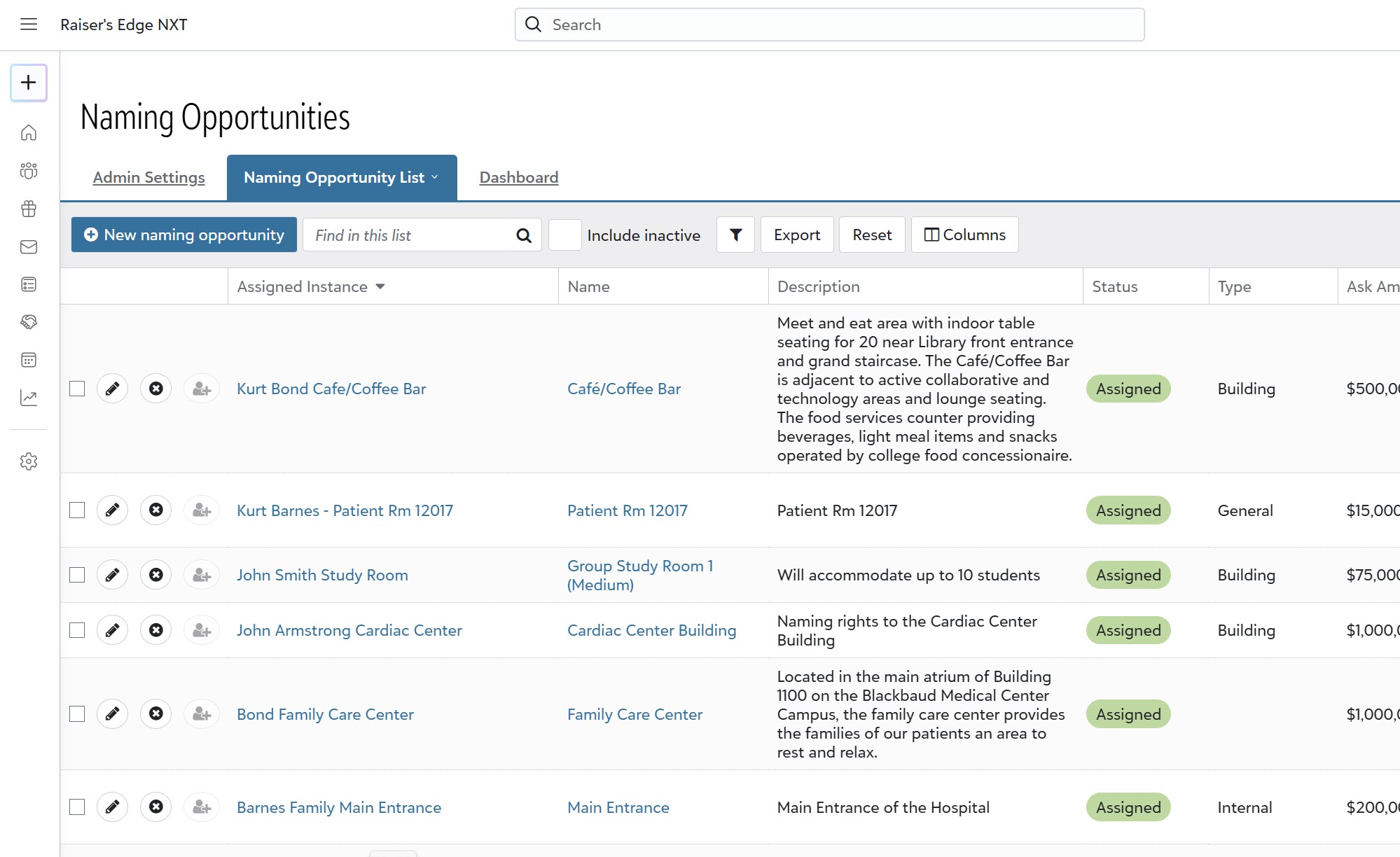 Naming Opportunities list view in Raiser's Edge NXT